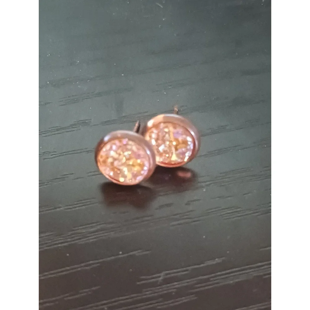 Rose Gold Tone Orange Druzy Style Round Stud Earrings Glitter Sparkle Cabochon